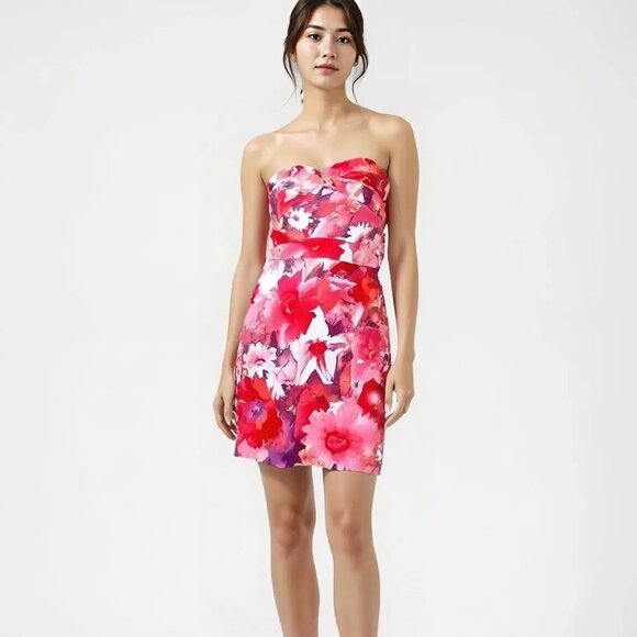 NWT Red Pink Purple Coral Sweetheart Tiered Hawaiian Floral Beach Sheath Dress M - Picture 1 of 7